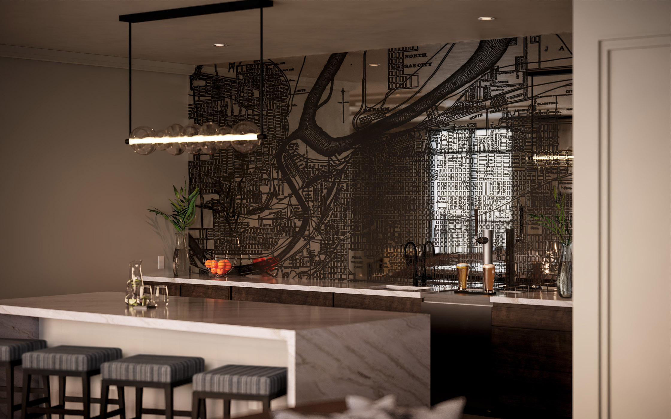 apartment community lounge kitchen and barista